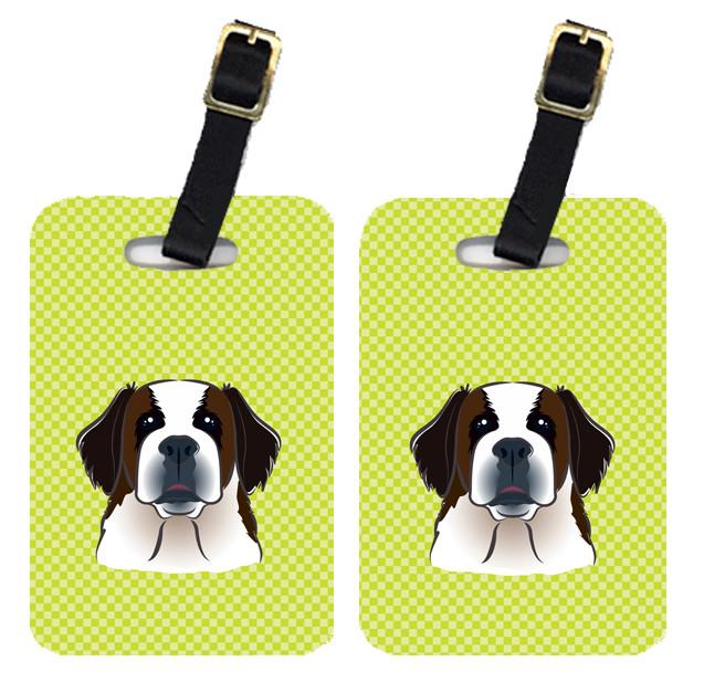 Pair of Checkerboard Lime Green Saint Bernard Luggage Tags BB1308BT by Caroline's Treasures