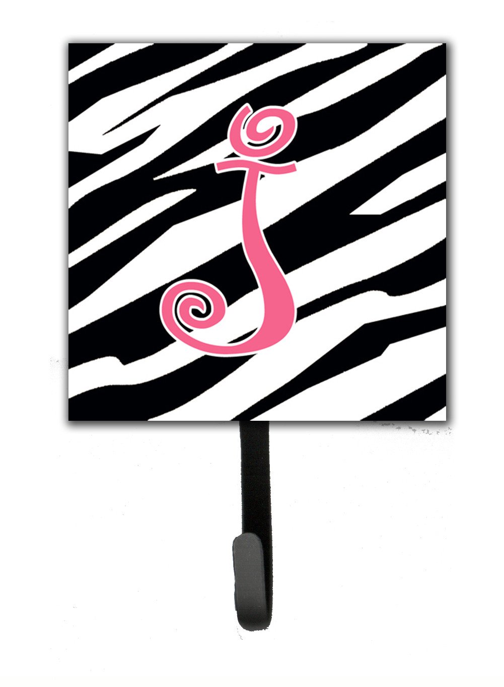 Letter J Initial Monogram - Zebra Stripe and Pink Leash Holder or Key Hook by Caroline&#39;s Treasures