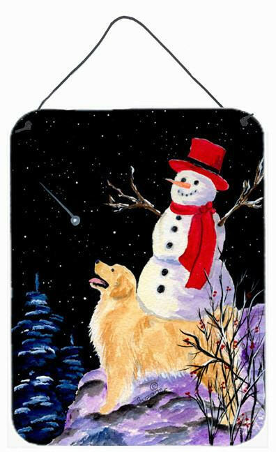 Golden Retriever with Snowman in red Hat Wall or Door Hanging Prints by Caroline's Treasures