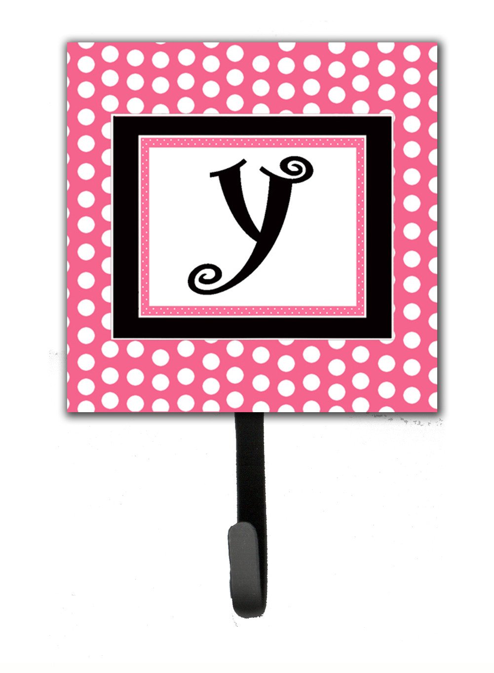 Letter Y Initial Monogram - Pink Black Polka Dots Leash Holder or Key Hook by Caroline's Treasures