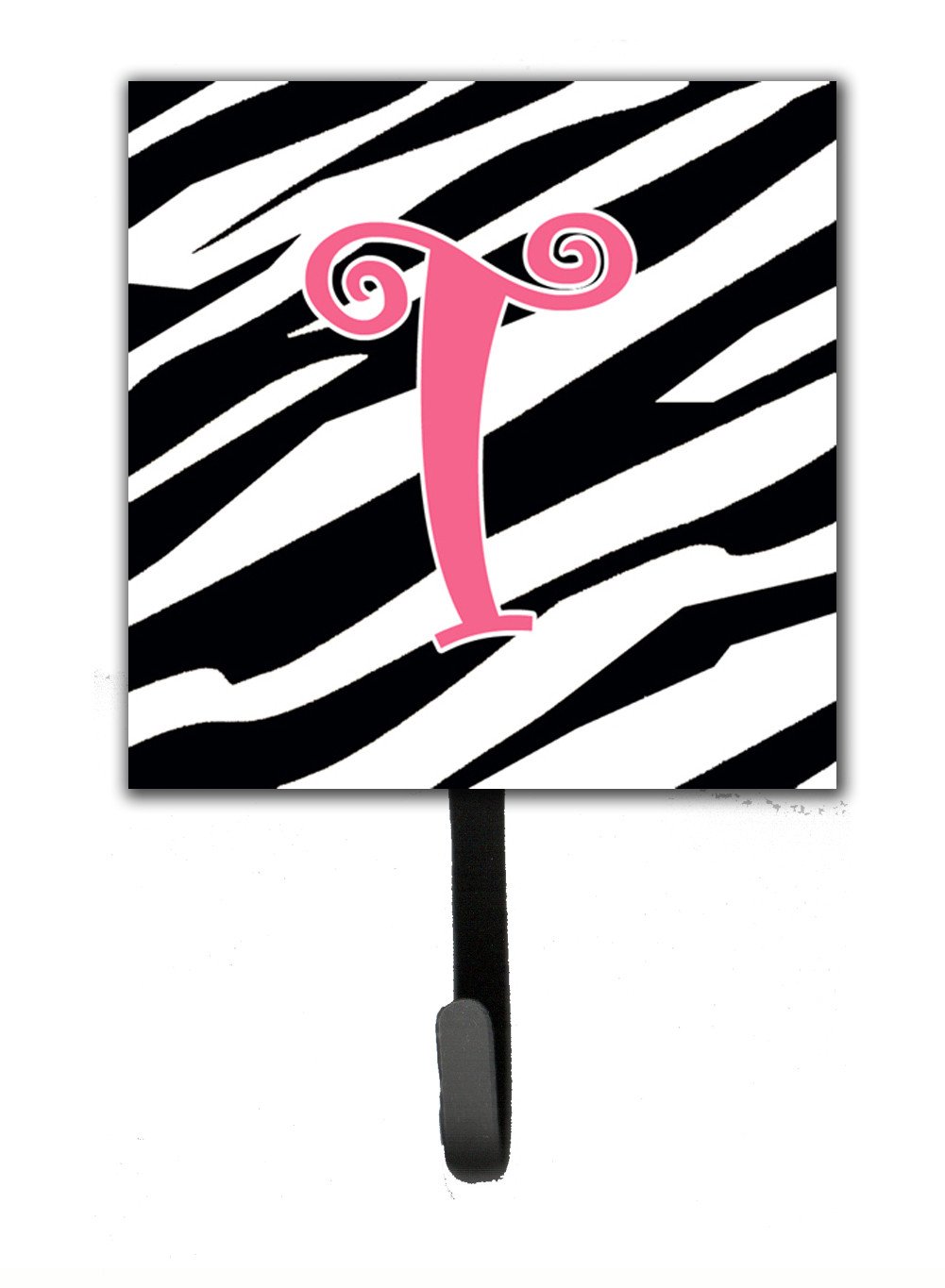 Letter T Initial Monogram - Zebra Stripe and Pink Leash Holder or Key Hook by Caroline&#39;s Treasures