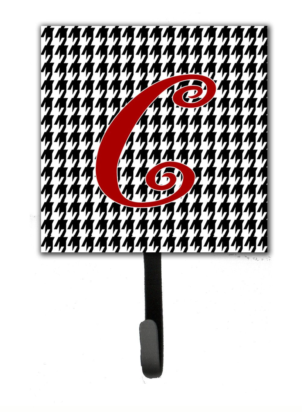 Letter C Initial Monogram - Houndstooth Black Leash Holder or Key Hook by Caroline&#39;s Treasures