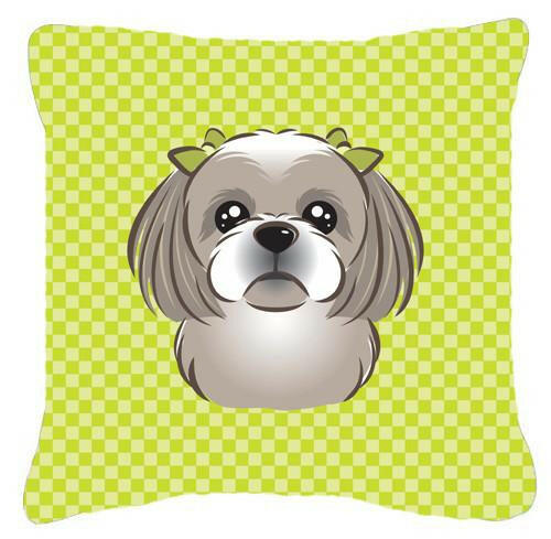 Checkerboard Lime Green Gray Silver Shih Tzu Canvas Fabric Decorative Pillow BB1312PW1414 - the-store.com