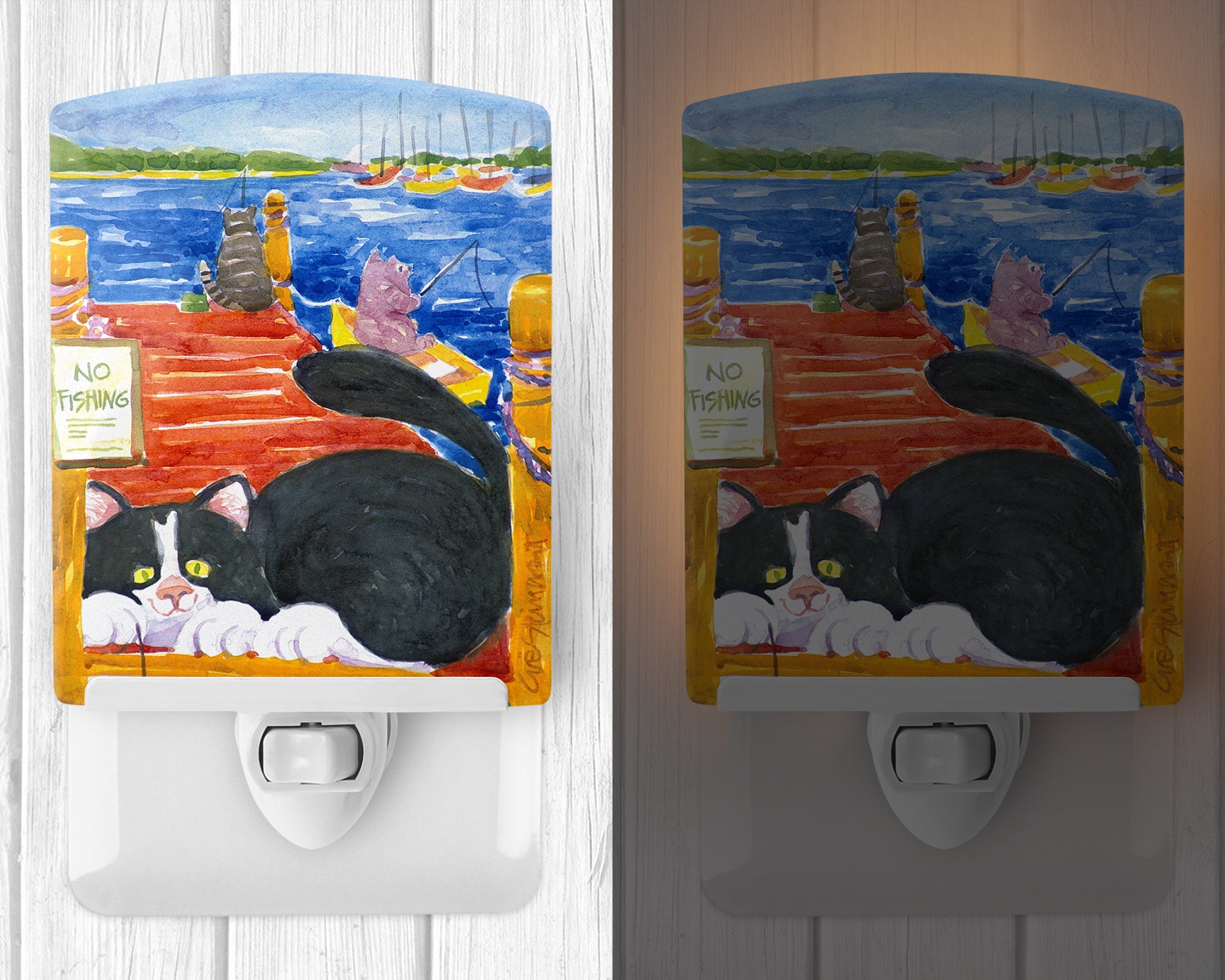 Cat Fishing from the dock Ceramic Night Light 6001CNL - the-store.com