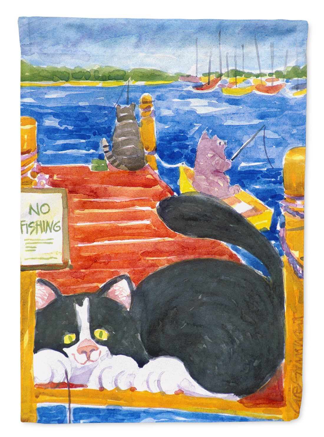 Black and White Cat  No Fishing Flag Garden Size.