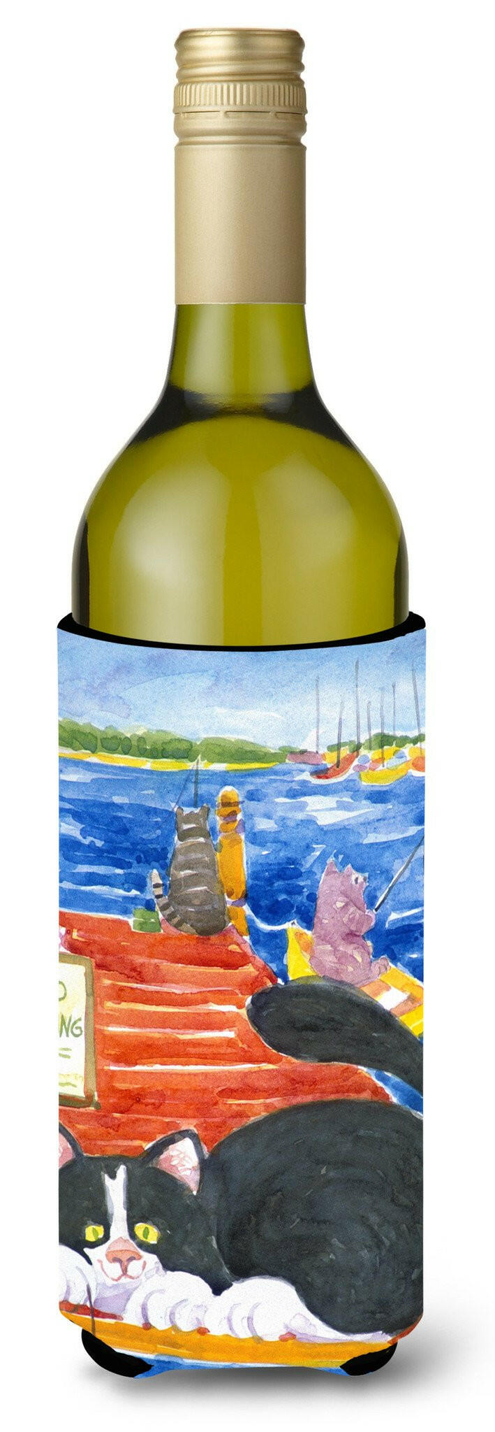 Cat Fishing from the dock Wine Bottle Beverage Insulator Beverage Insulator Hugger by Caroline's Treasures