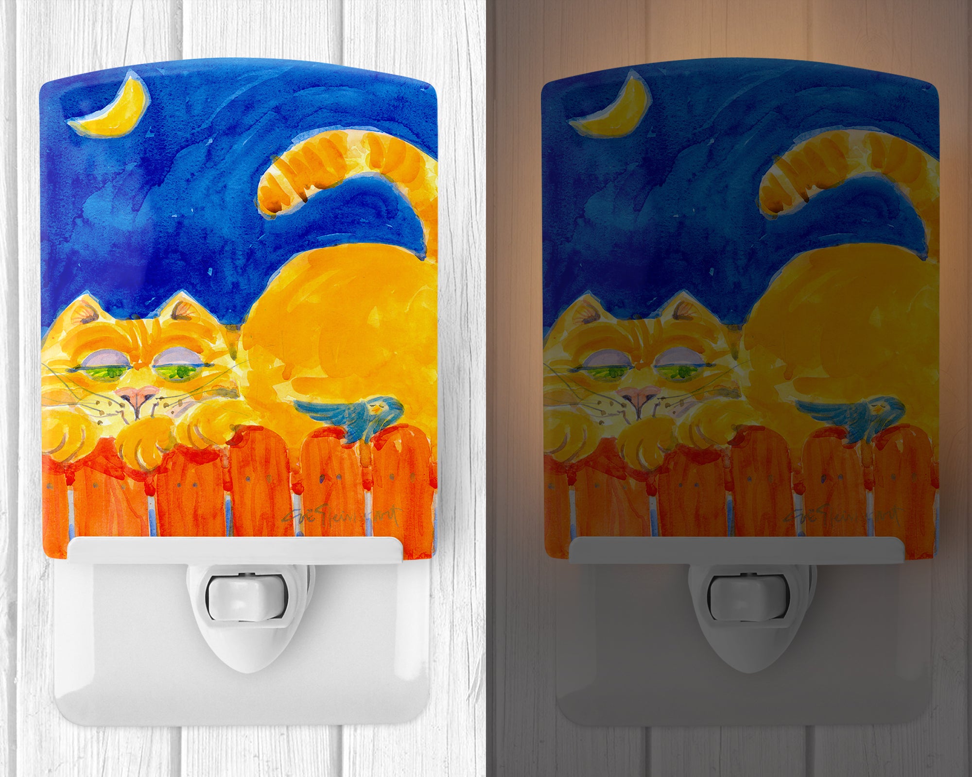 Big orange Tabby cat on the fence Ceramic Night Light 6020CNL - the-store.com