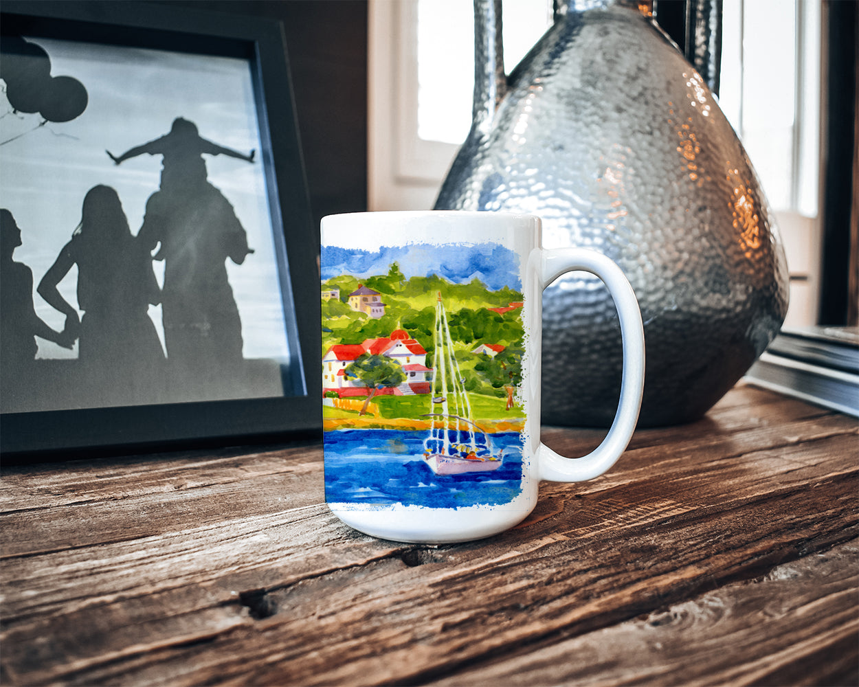 Harbour Scene with Sailboat Dishwasher Safe Microwavable Ceramic Coffee Mug 15 ounce 6031CM15  the-store.com.