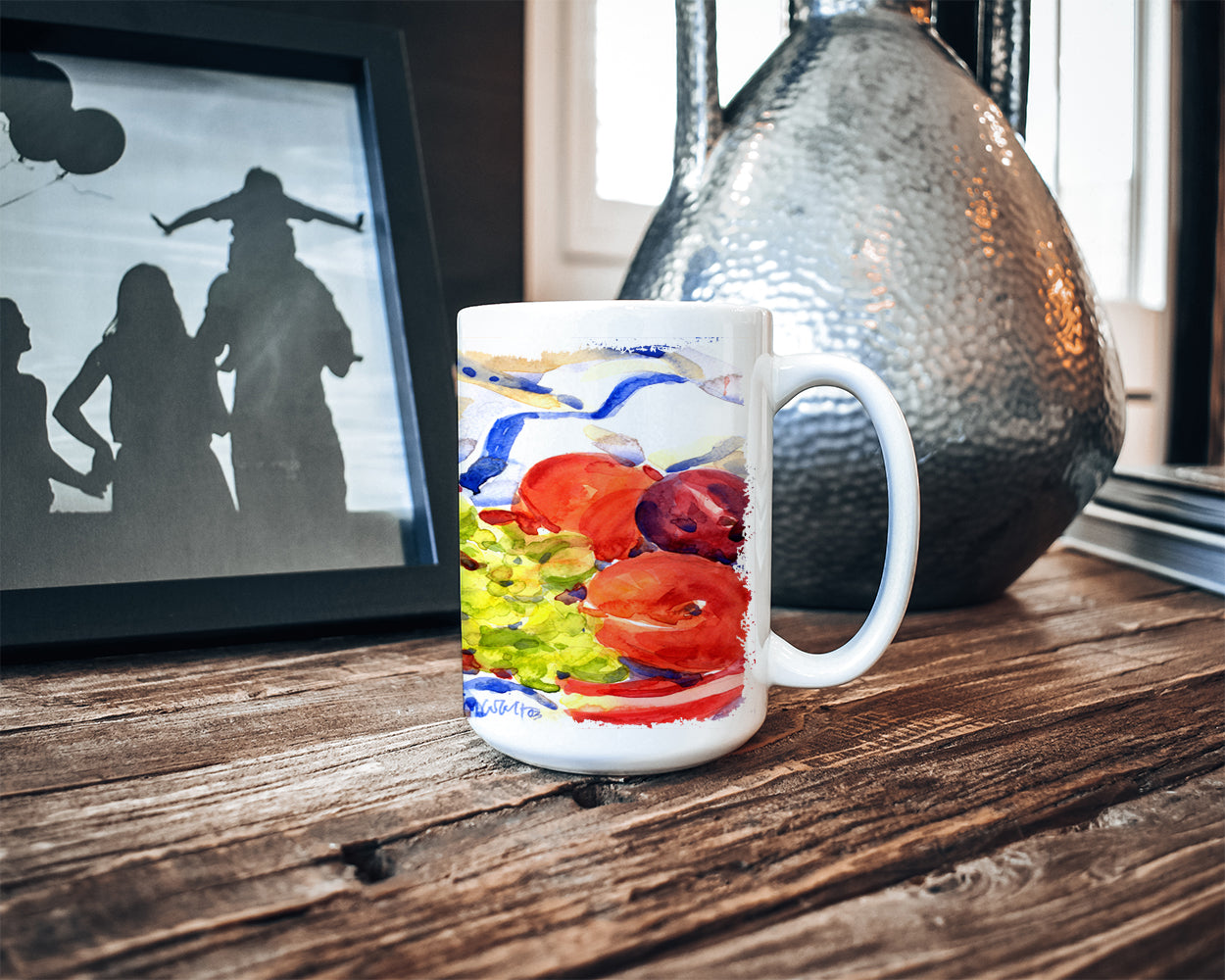 Apples, Plums and Grapes with Flowers Dishwasher Safe Microwavable Ceramic Coffee Mug 15 ounce 6037CM15  the-store.com.