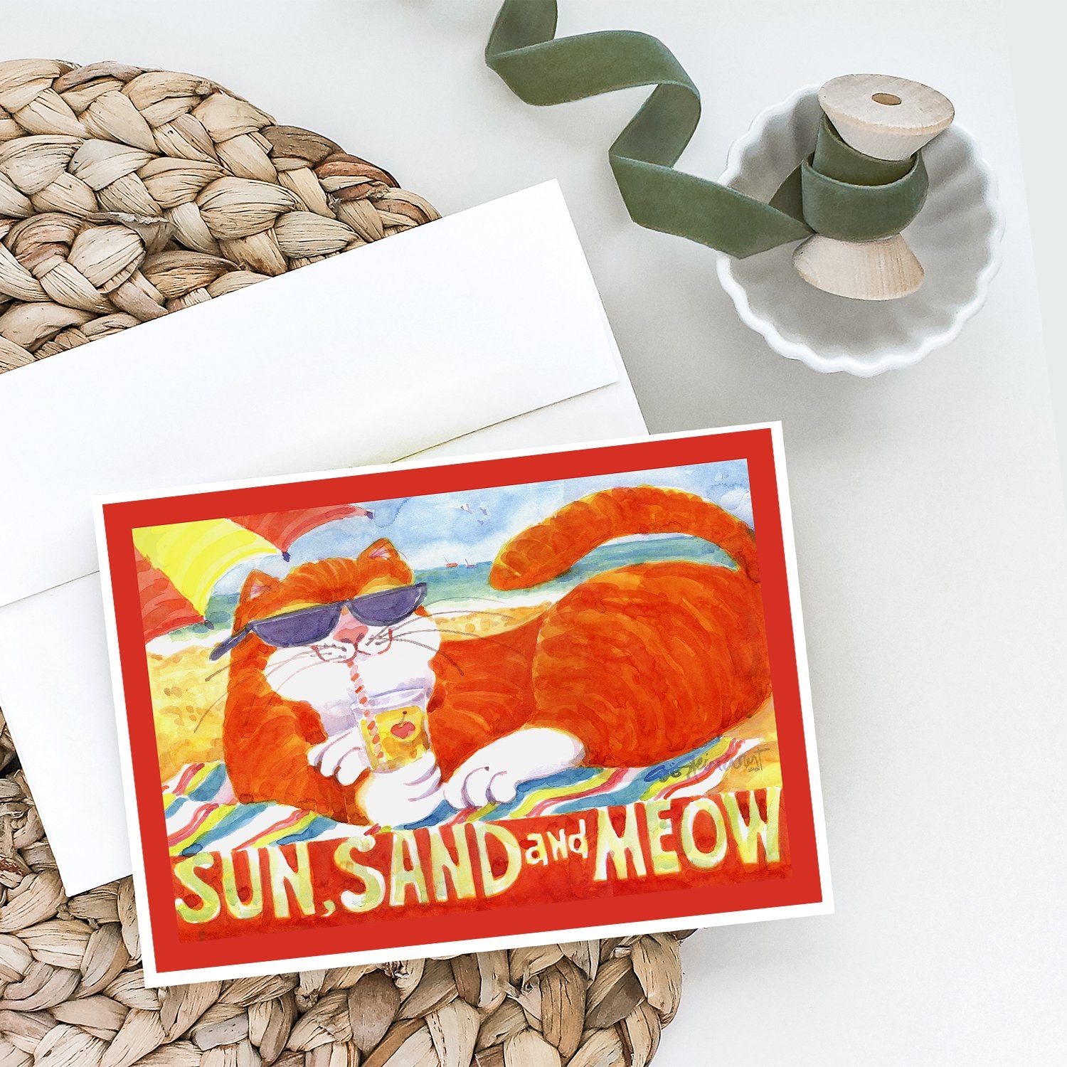 Buy this Orange Tabby at the beach Greeting Cards and Envelopes Pack of 8