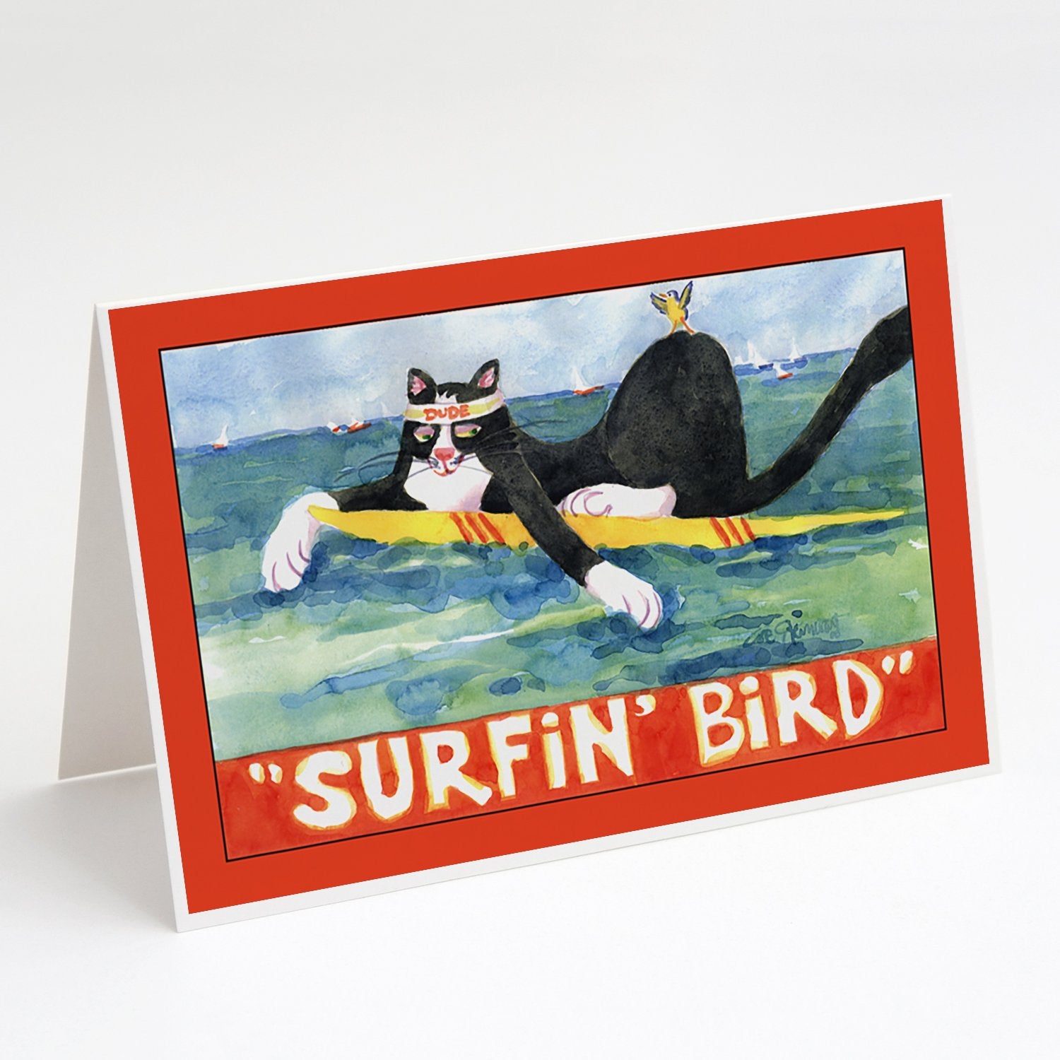 Buy this Black and white Cat Surfin Bird Greeting Cards and Envelopes Pack of 8