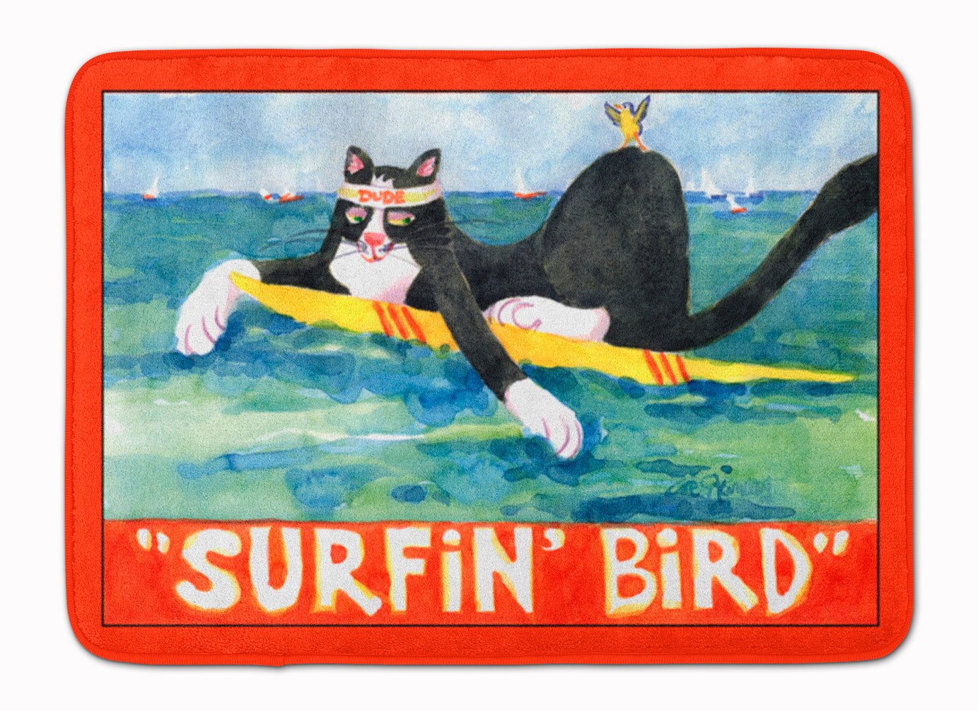 Black and white Cat Surfin Bird Machine Washable Memory Foam Mat 6051RUG - the-store.com