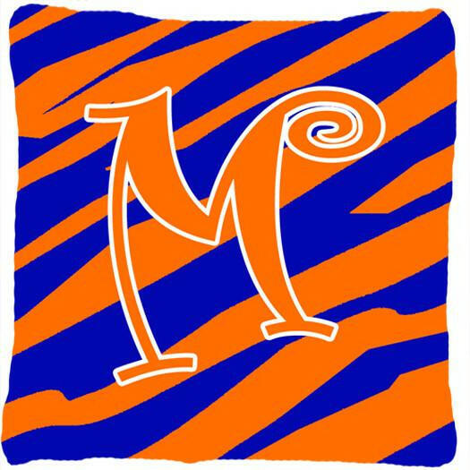 Monogram Initial M Tiger Stripe Blue and Orange Decorative Canvas Fabric Pillow - the-store.com