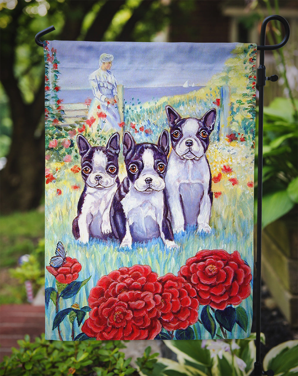 Boston Terrier Three in a Row Flag Garden Size.