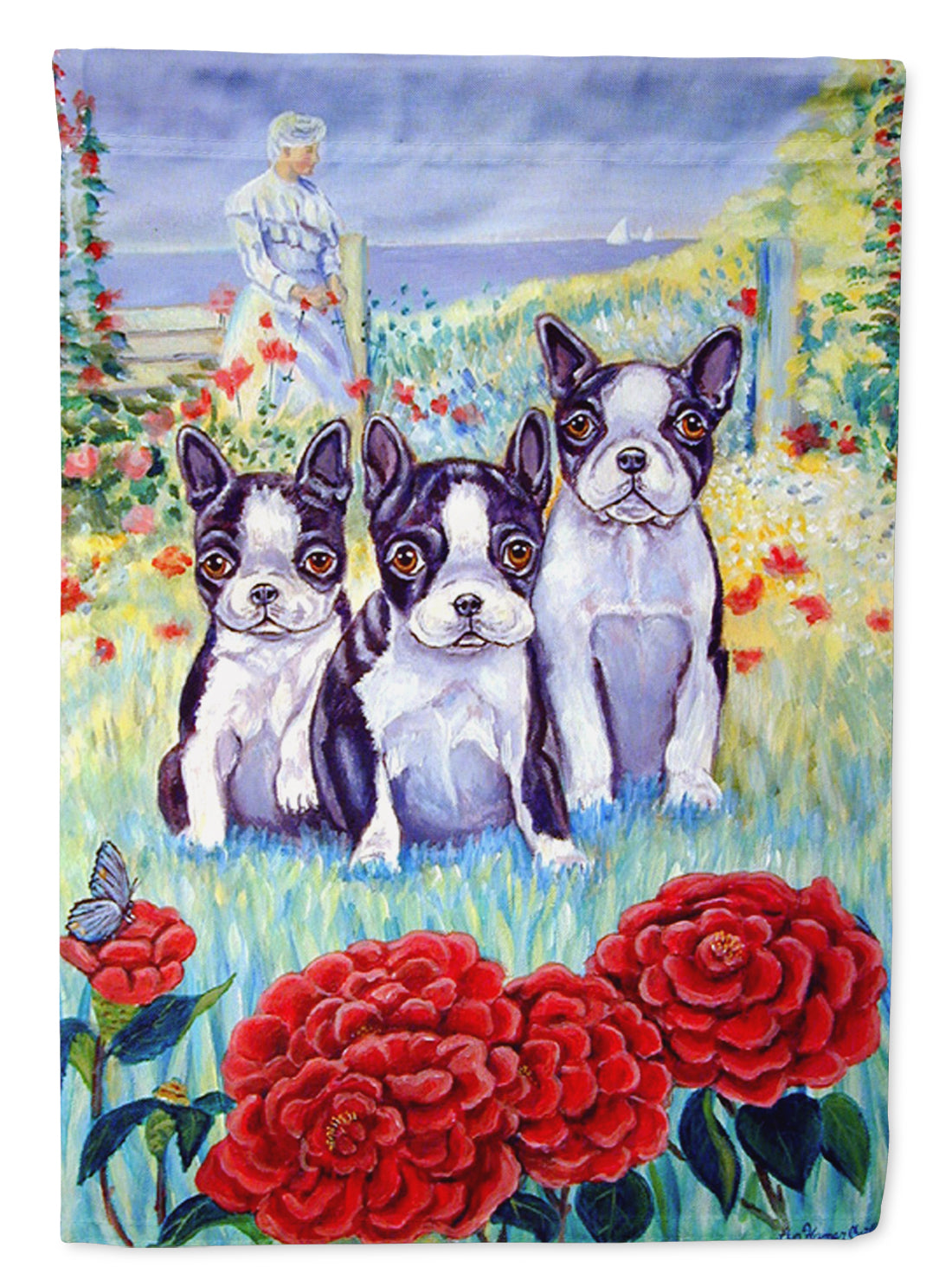 Boston Terrier Three in a Row Flag Garden Size.