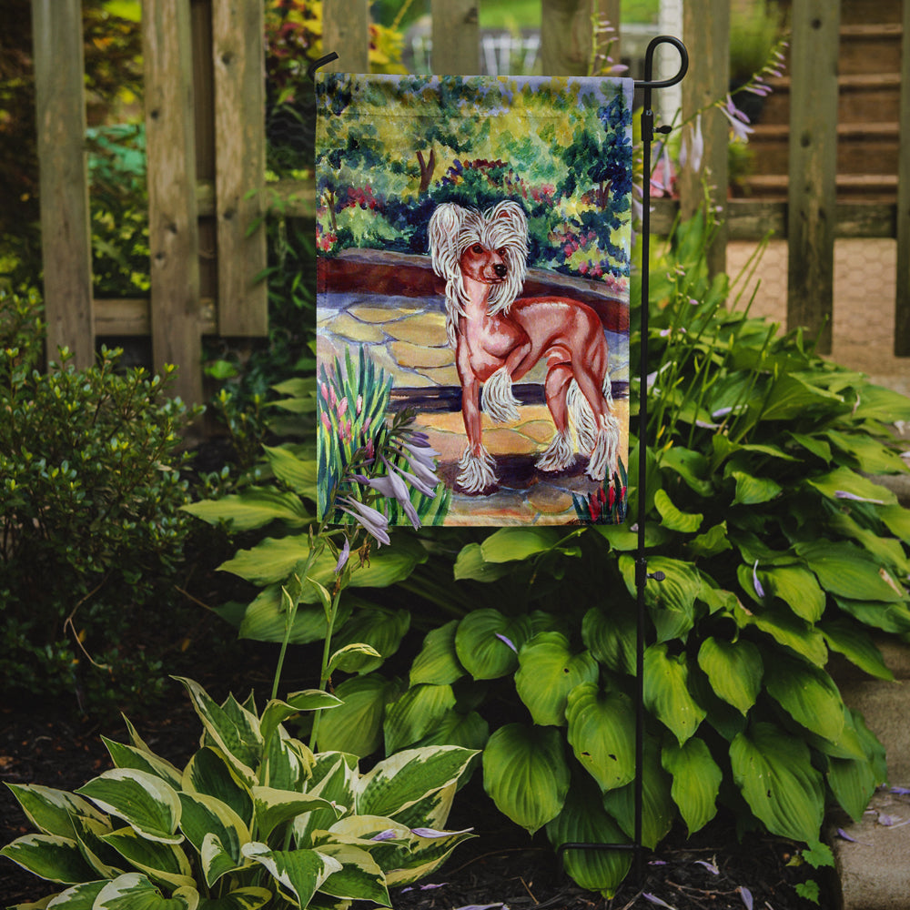 Chinese Crested on the patio  Flag Garden Size.