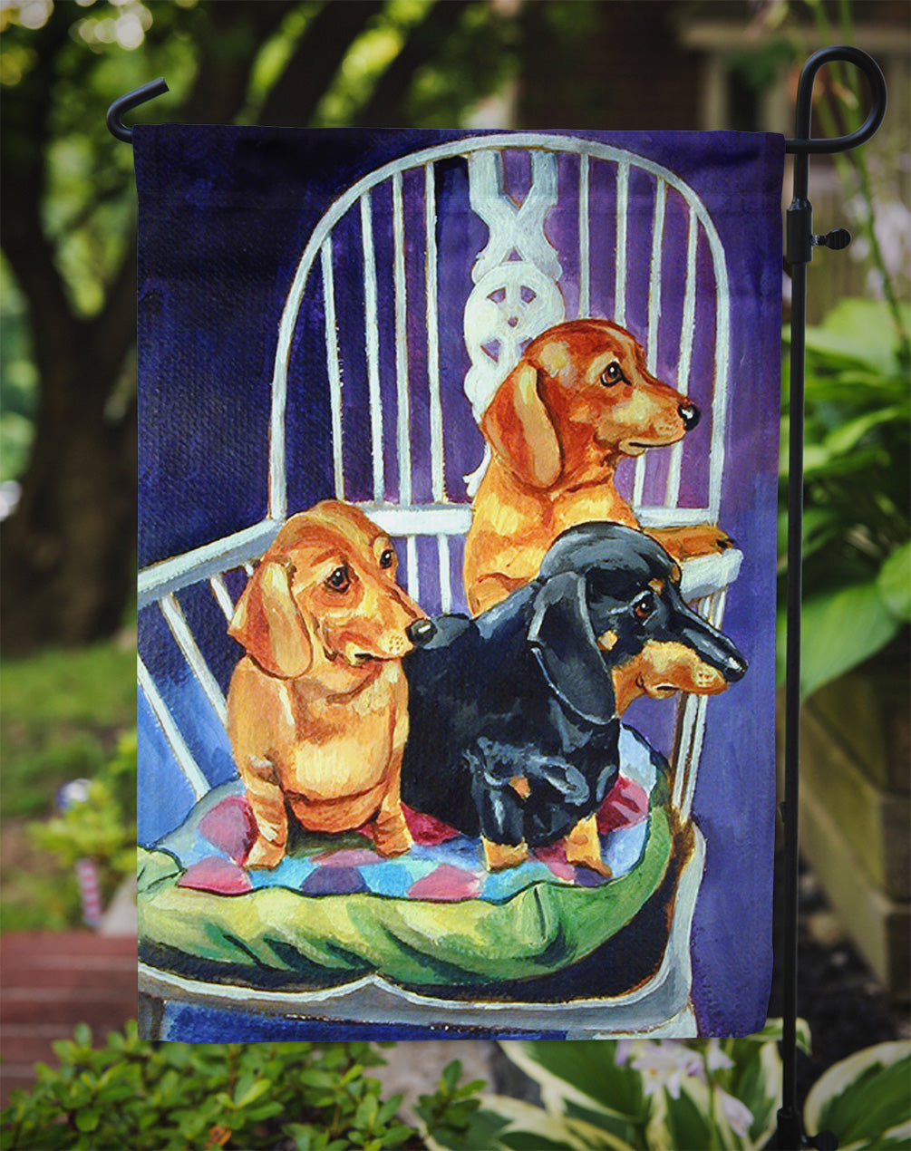 Dachshunds Two Red and a Black and Tan Flag Garden Size.