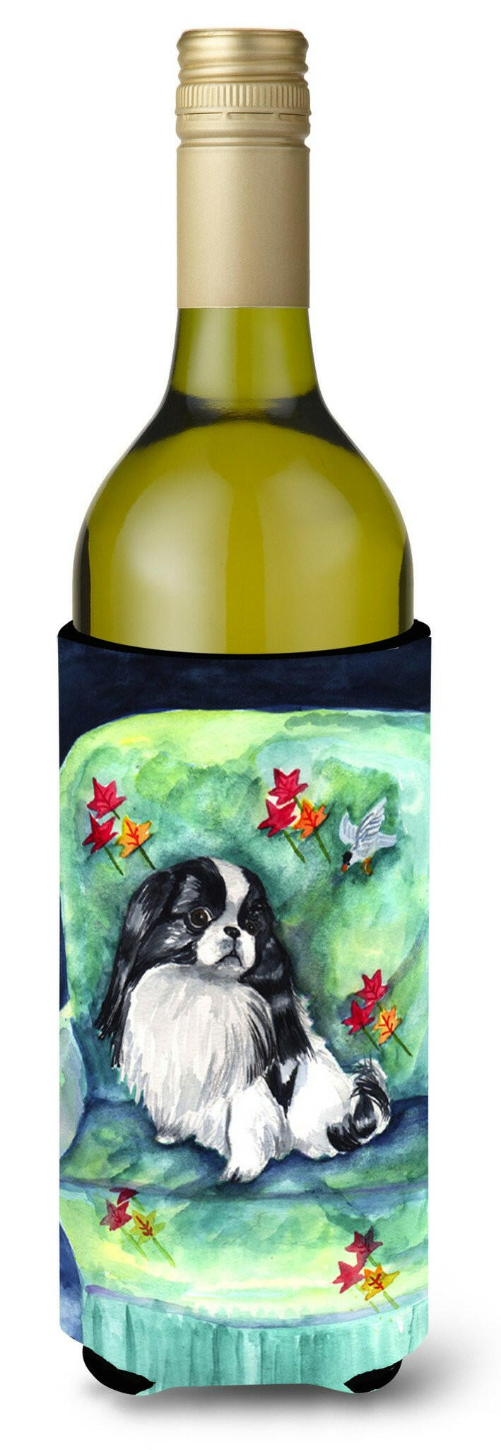 Japanese Chin in Momma&#39;s Chair Wine Bottle Beverage Insulator Beverage Insulator Hugger by Caroline&#39;s Treasures