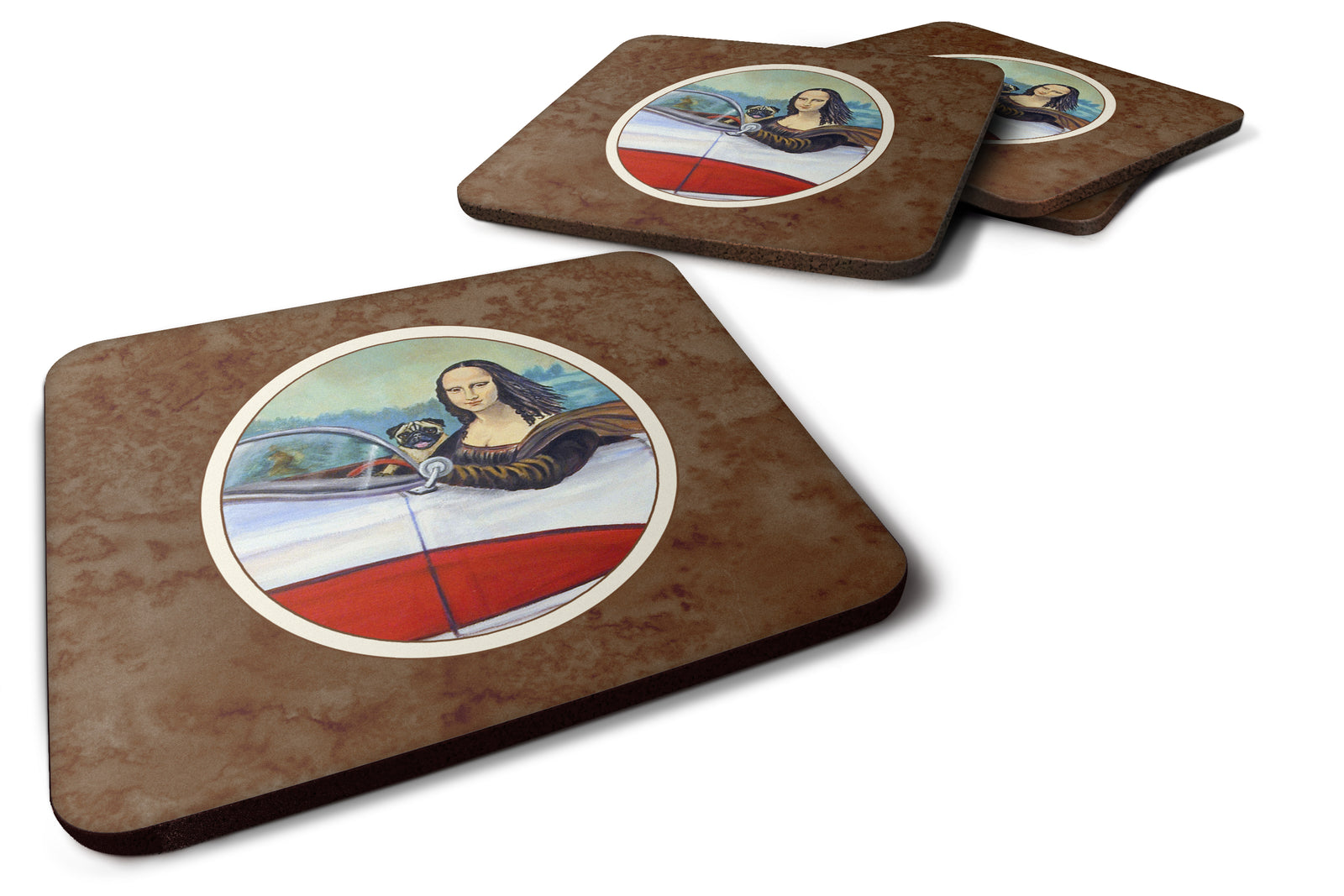 Fawn Pug and Mona Lisa Foam Coaster Set of 4 7043FC - the-store.com