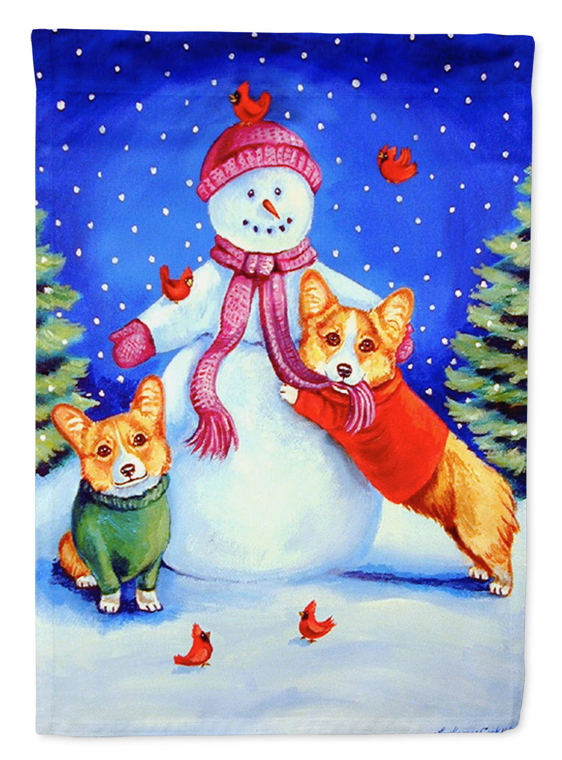 Snowman with Corgi Flag Canvas House Size  the-store.com.