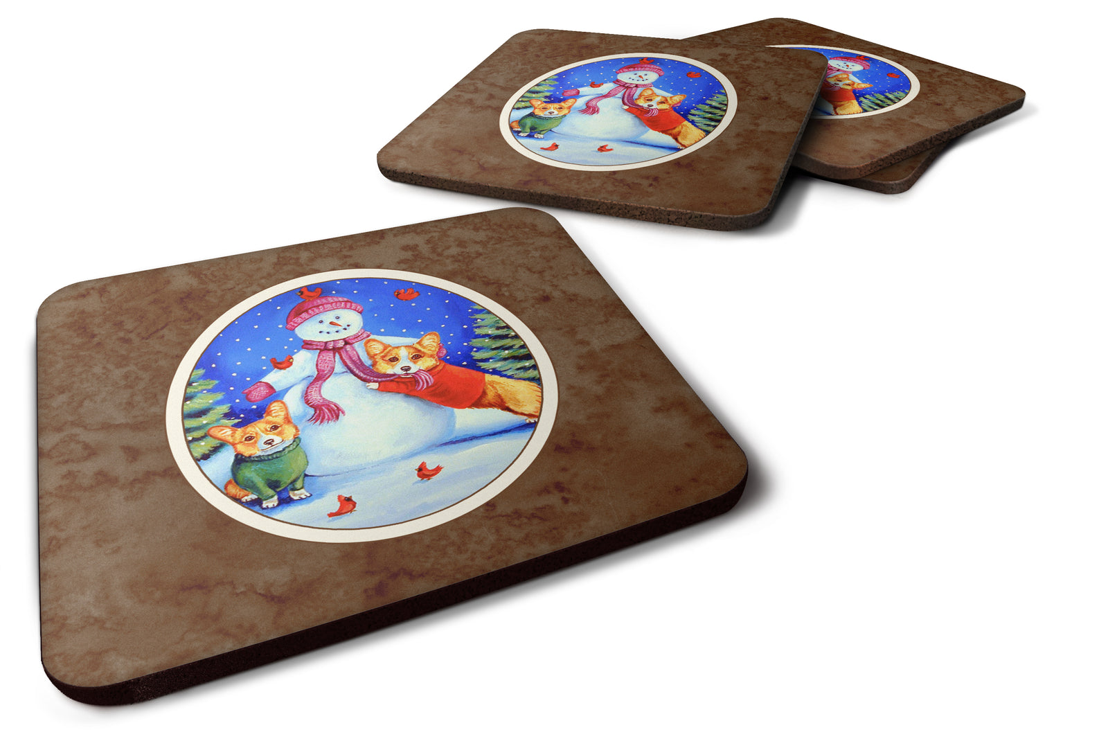 Snowman with Corgi Foam Coaster Set of 4 7048FC - the-store.com