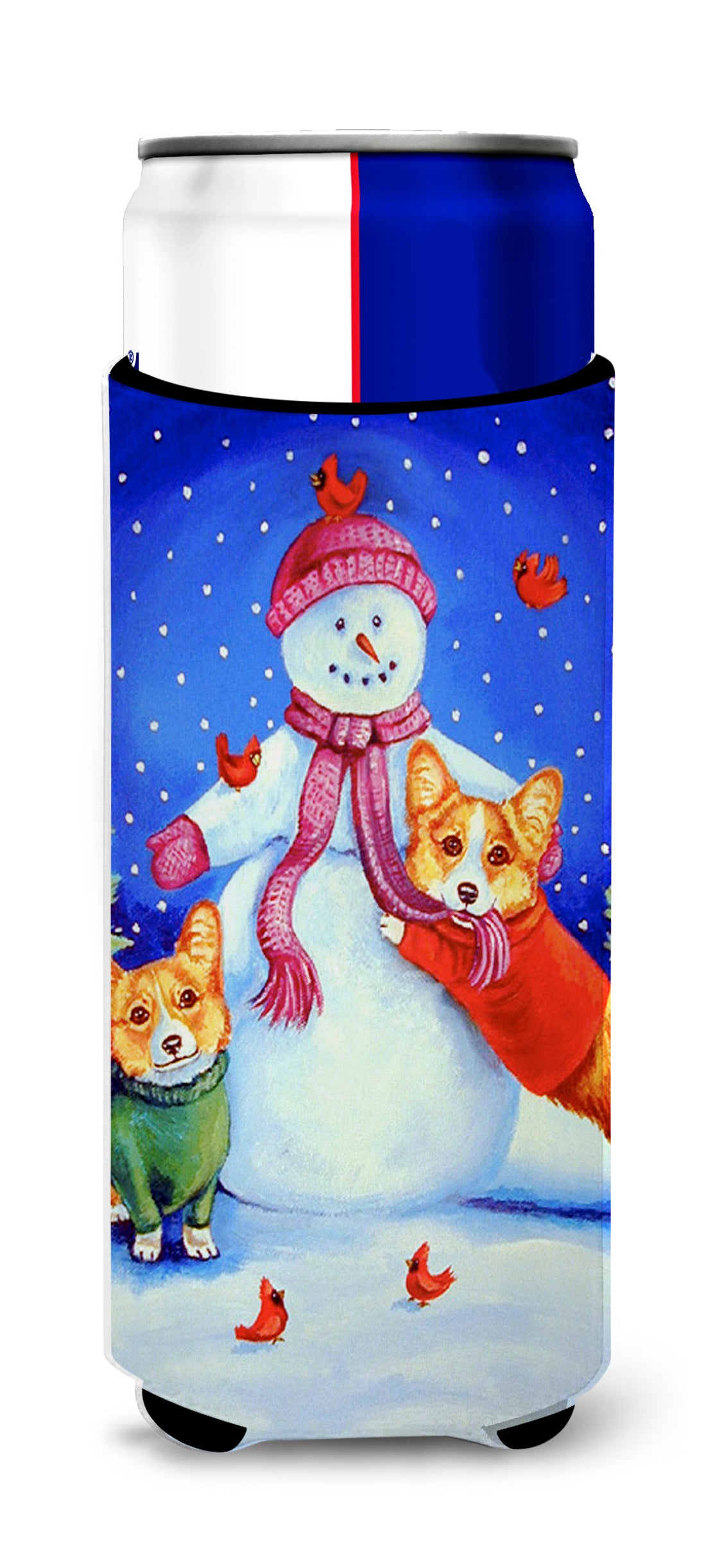 Snowman with Corgi Ultra Beverage Insulators for slim cans 7048MUK.