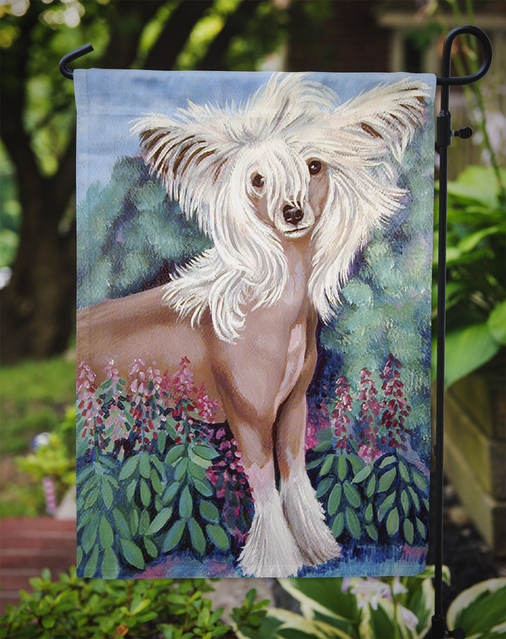 Chinese Crested in flowers  Flag Garden Size.