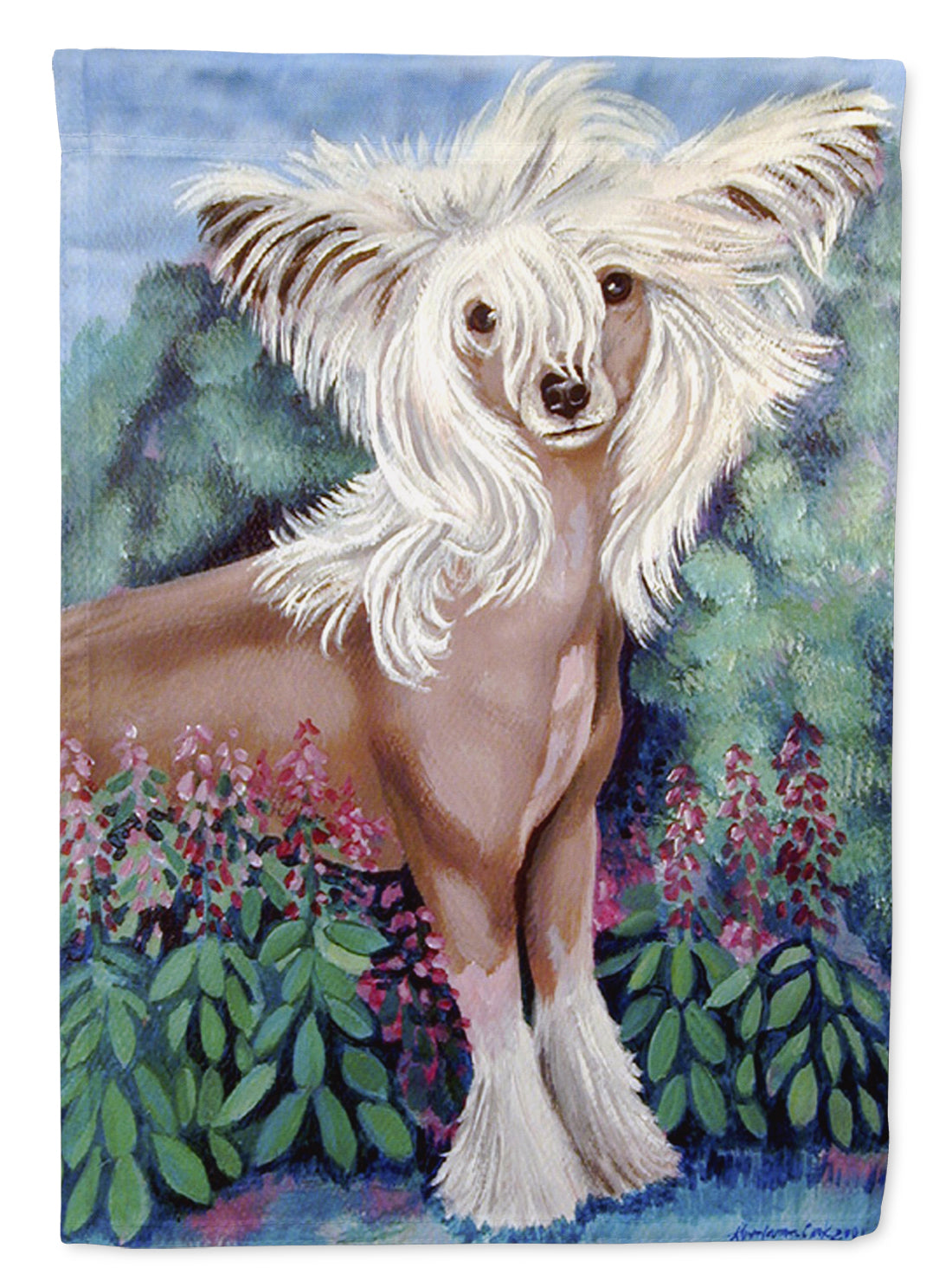 Chinese Crested in flowers  Flag Garden Size.