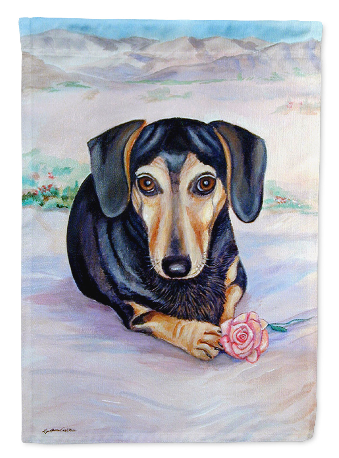 Black and Cream Dachshund Flag Garden Size.