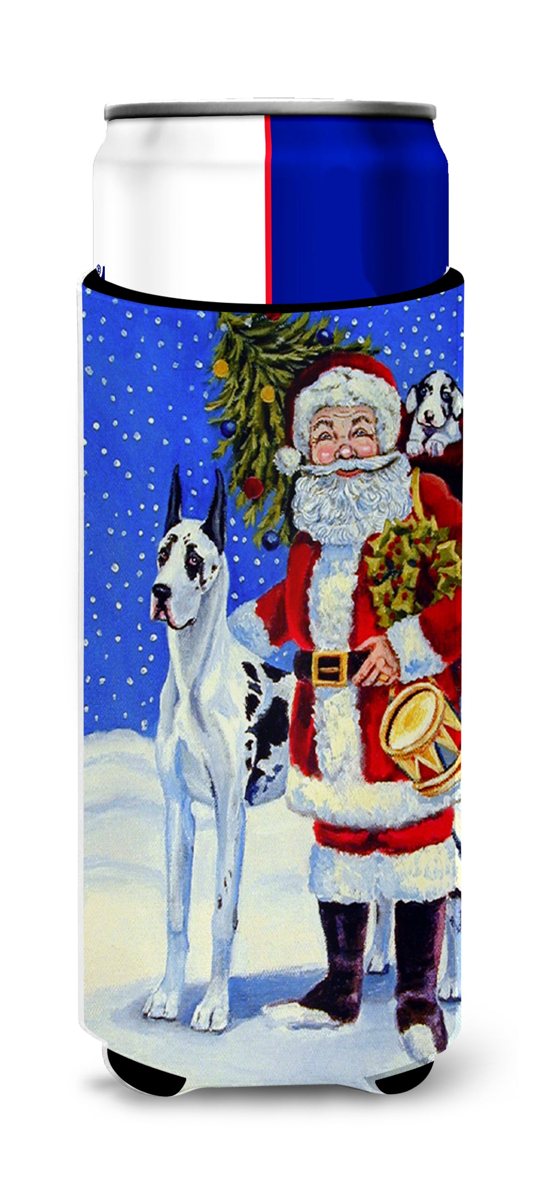 Harlequin Great Dane with Santa Claus Ultra Beverage Insulators for slim cans 7083MUK.