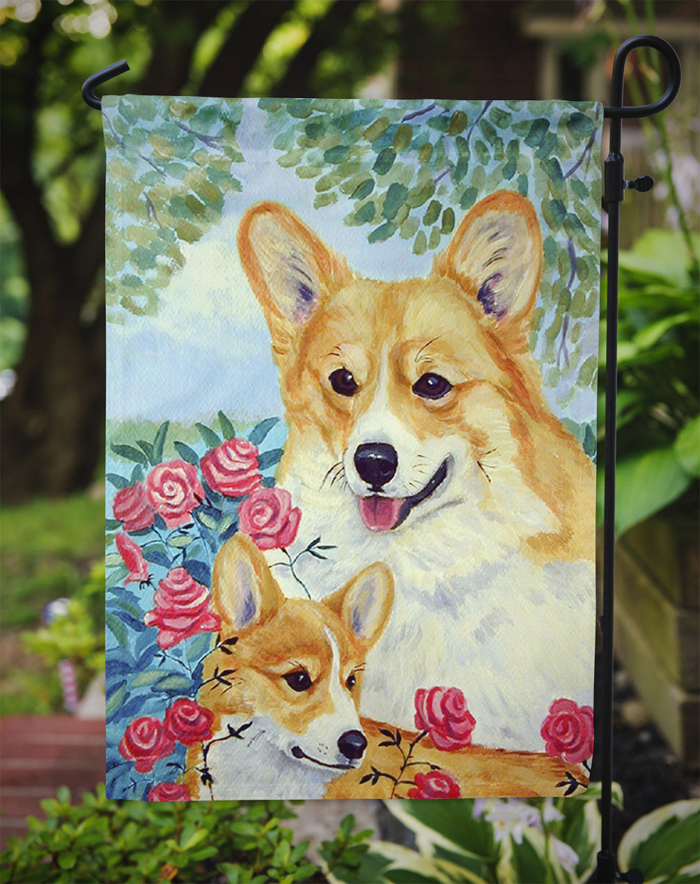 Corgi Momma's Love and Roses Flag Garden Size.