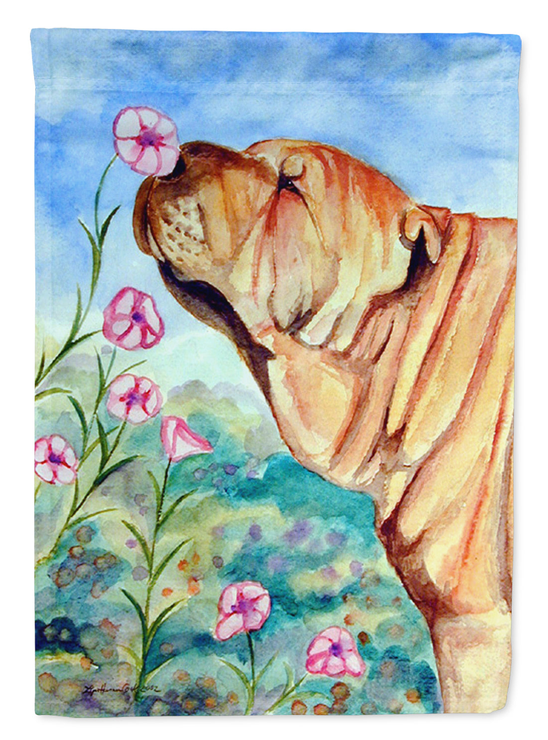 Shar Pei smell the flowers Flag Garden Size.