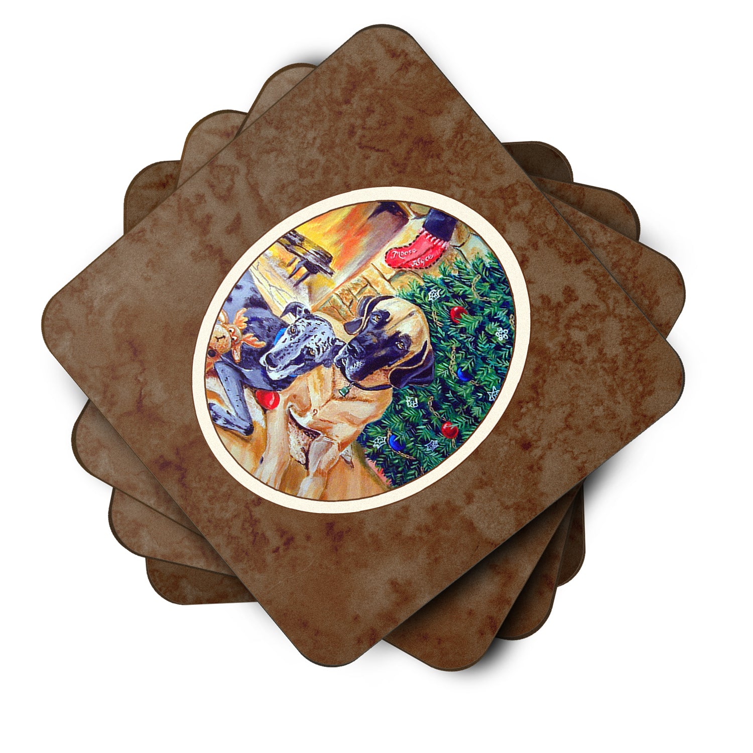 Fawn and Blue Great Dane waiting on Christmas Foam Coaster Set of 4 7111FC - the-store.com