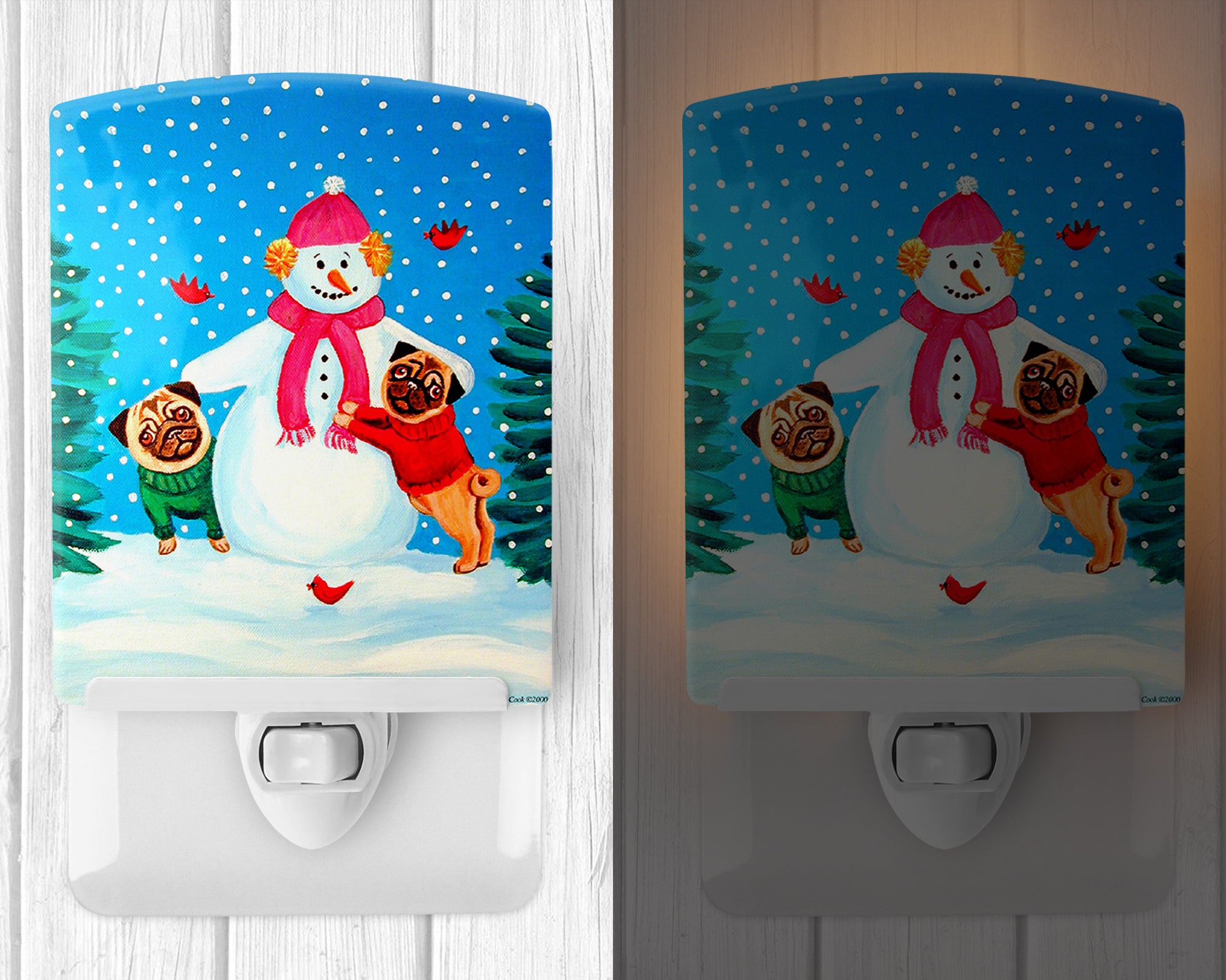 Snowman with Pug Winter Snowman Ceramic Night Light 7115CNL - the-store.com