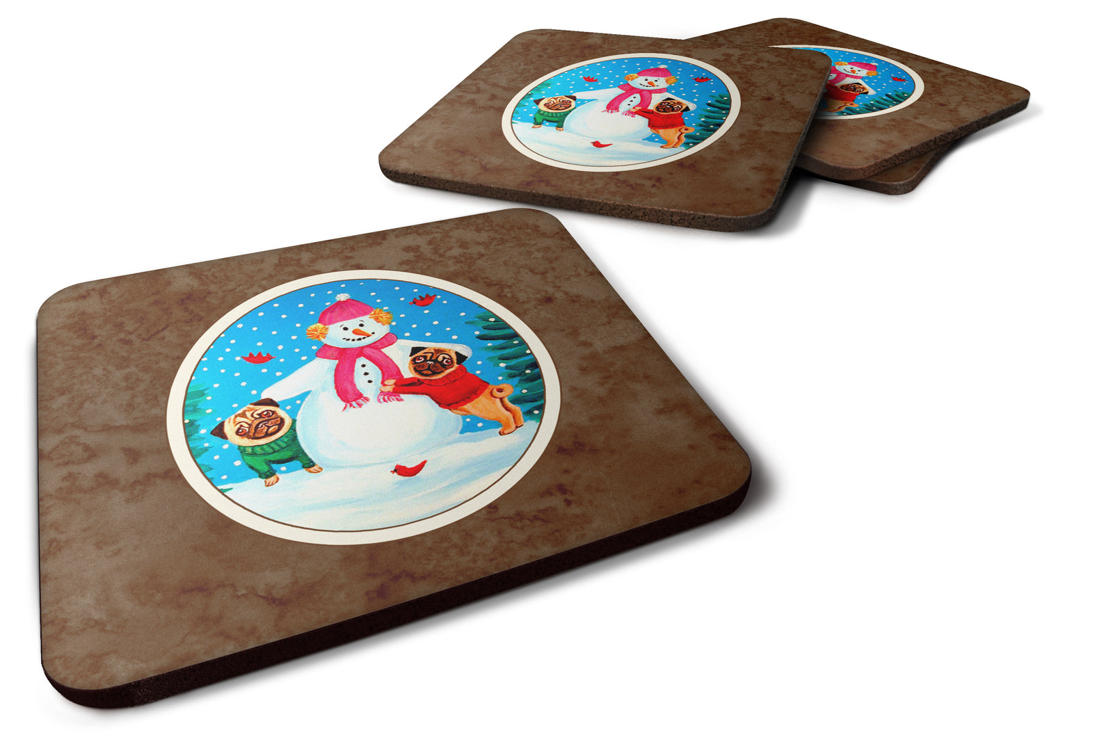 Snowman with Pug Winter Snowman Foam Coaster Set of 4 7115FC - the-store.com