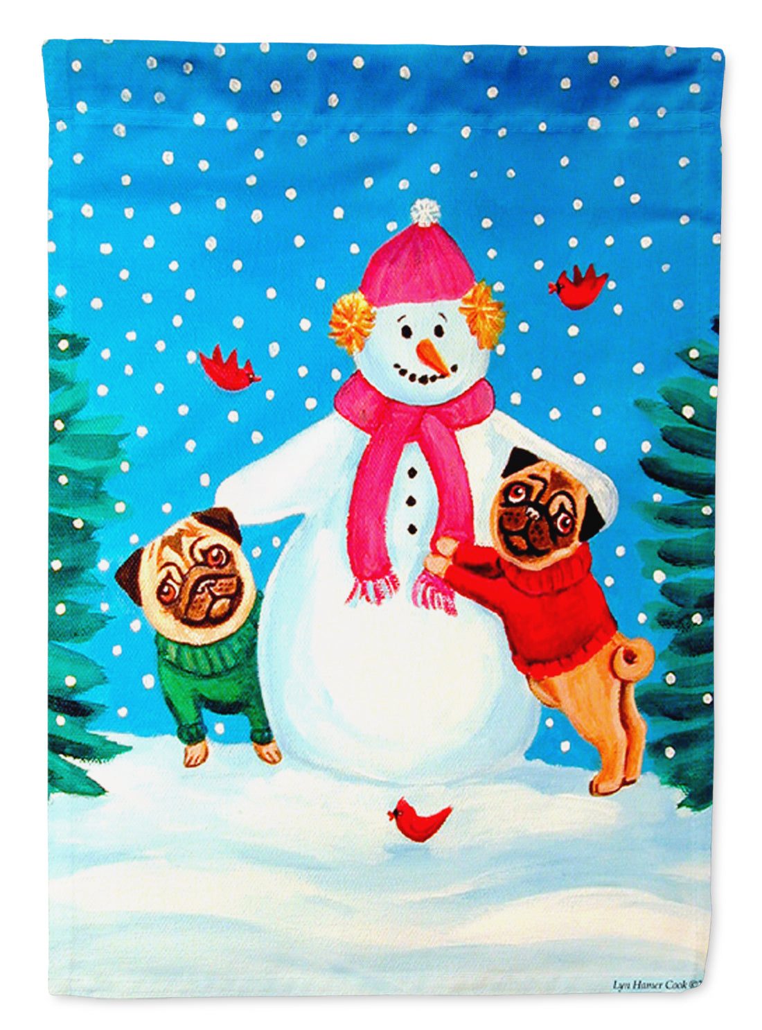 Snowman with Pug Winter Snowman Flag Garden Size.