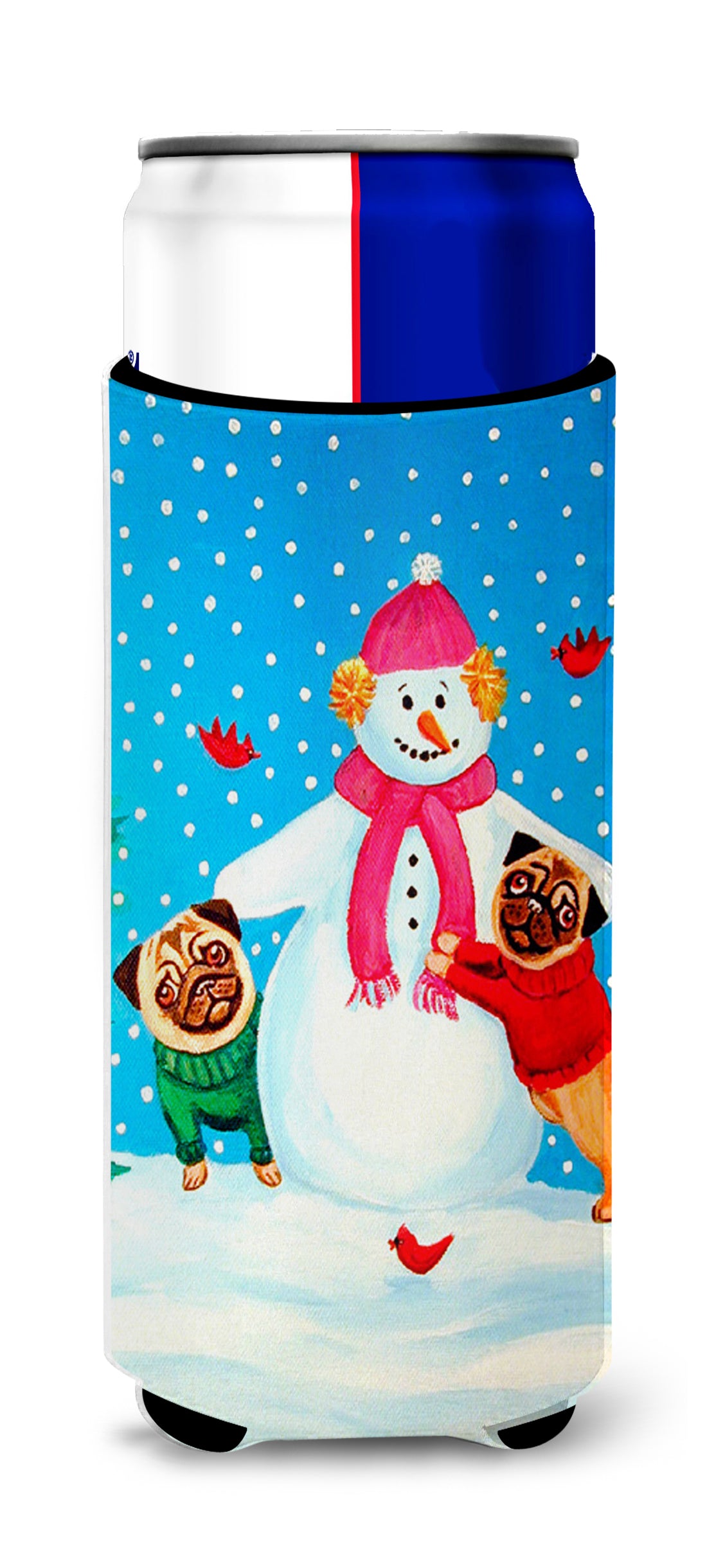 Snowman with Pug Winter Snowman Ultra Beverage Insulators for slim cans 7115MUK.