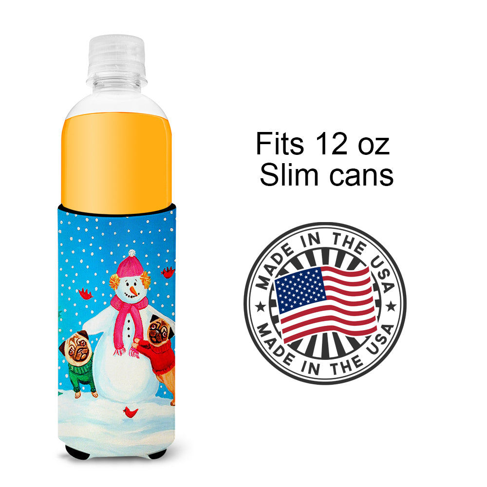 Snowman with Pug Winter Snowman Ultra Beverage Insulators for slim cans 7115MUK.