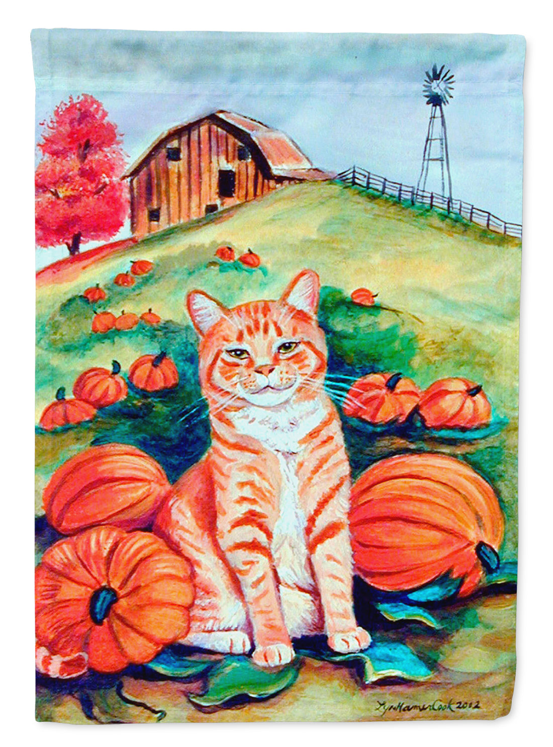 Tabby Cat in the pumpkins Flag Garden Size.