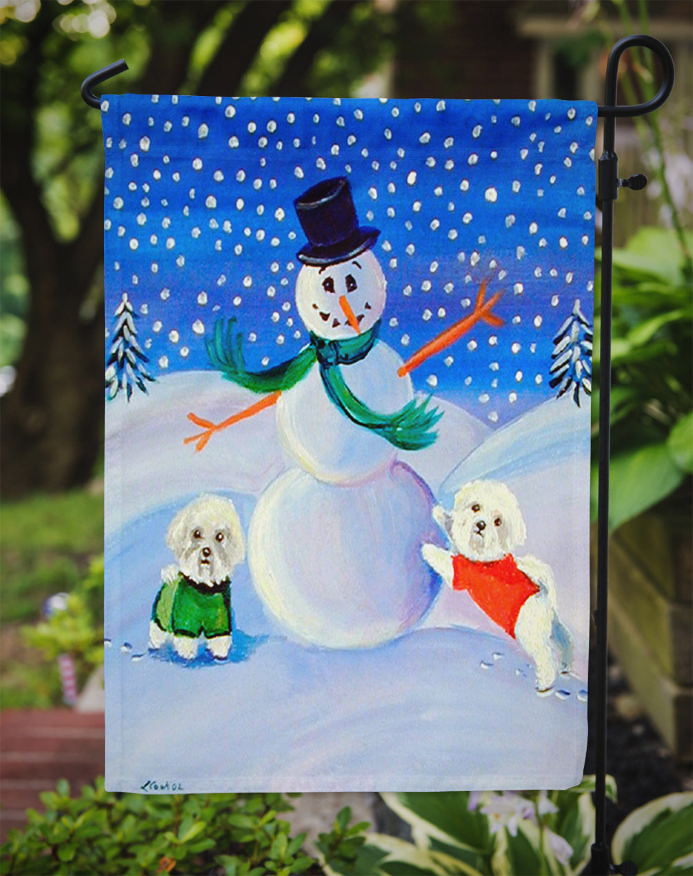 Snowman with a  Bichon Frise Flag Garden Size.