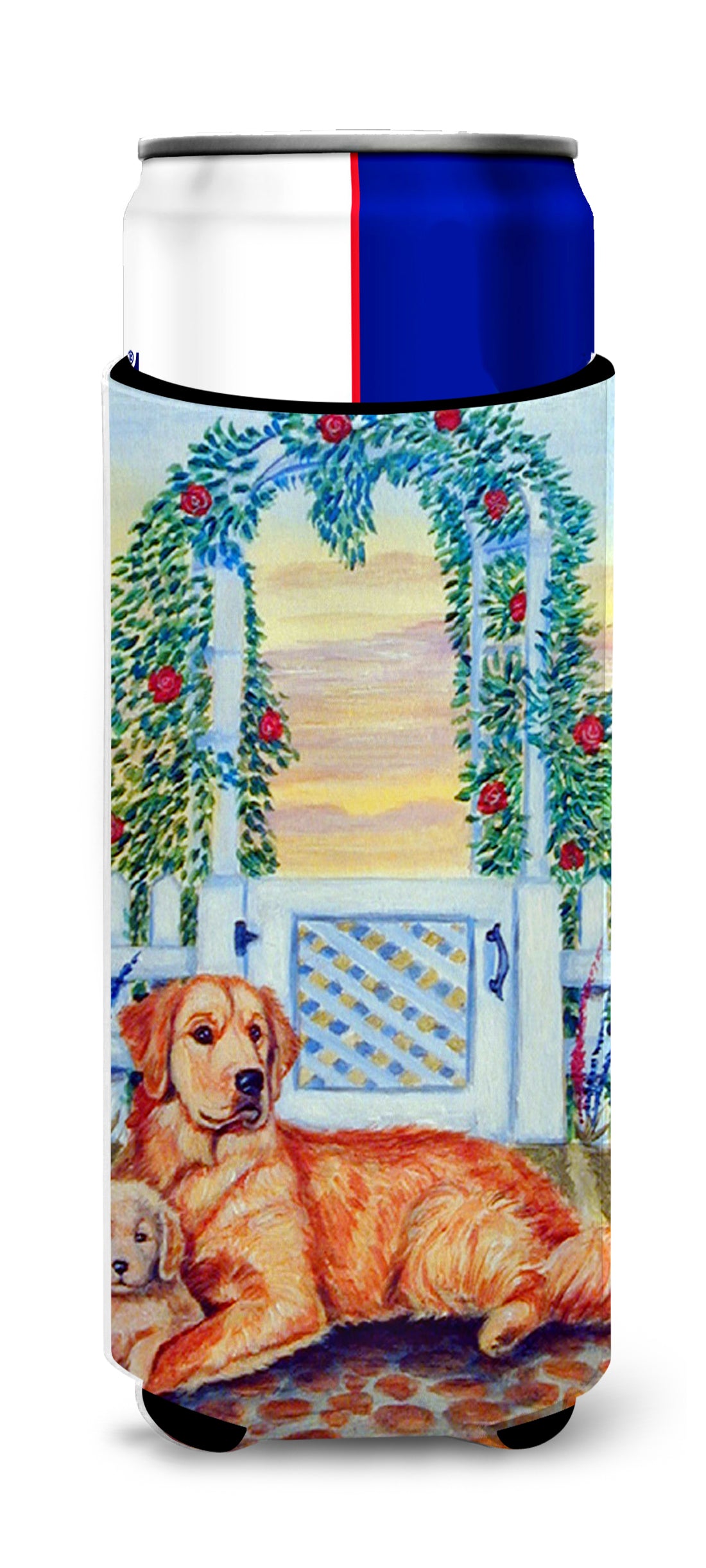 Golden Retriever and puppy at the fence Ultra Beverage Insulators for slim cans 7148MUK.