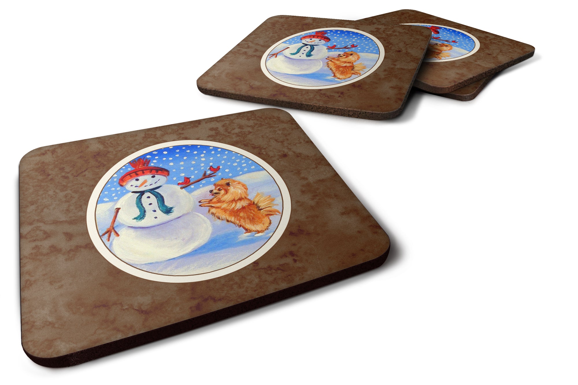 Snowman with Pomeranian Winter Snowman Foam Coaster Set of 4 7151FC - the-store.com