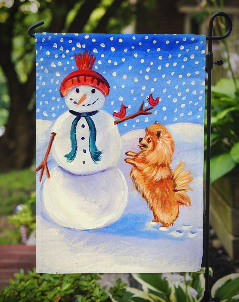 Snowman with Pomeranian Winter Snowman Flag Garden Size.