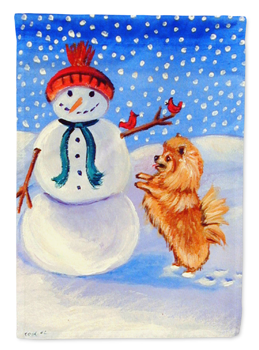 Snowman with Pomeranian Winter Snowman Flag Garden Size.