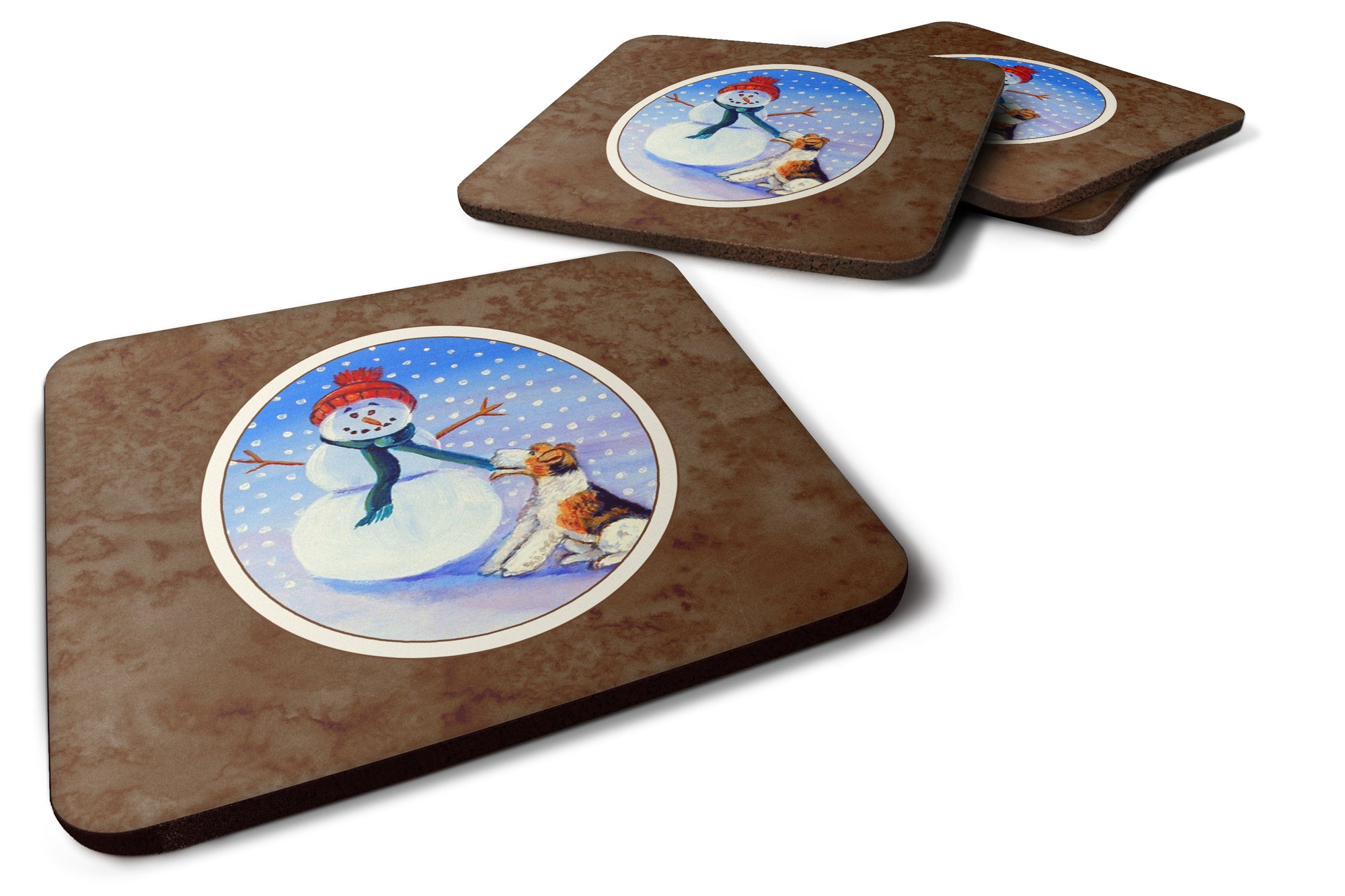 Snowman with  Fox Terrier Foam Coaster Set of 4 7156FC - the-store.com