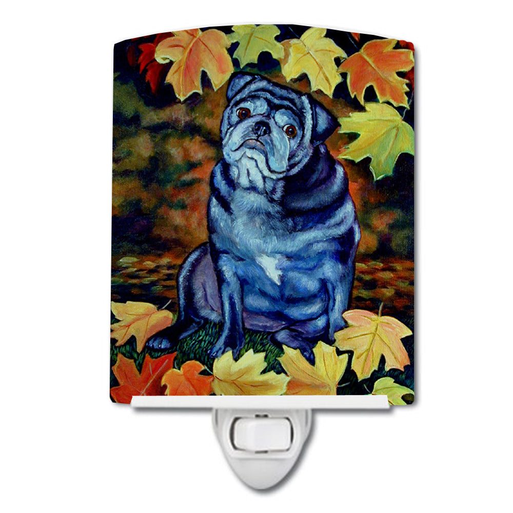 Old Black Pug in Fall Leaves Ceramic Night Light 7159CNL - the-store.com