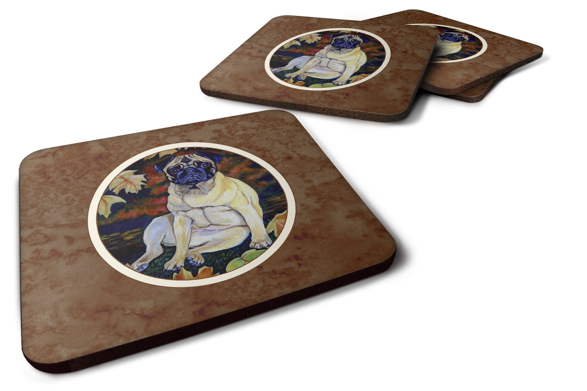 Fawn Pug in Fall Leaves Foam Coaster Set of 4 7160FC - the-store.com