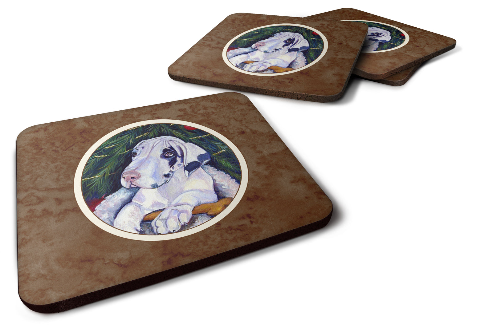 Christmas Tree with Harlequin Great Dane Foam Coaster Set of 4 7172FC - the-store.com