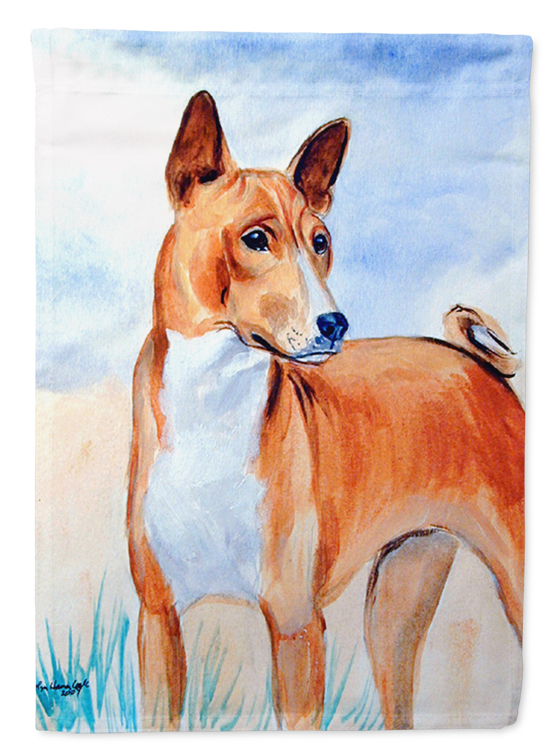 Red Basenji Flag Garden Size.