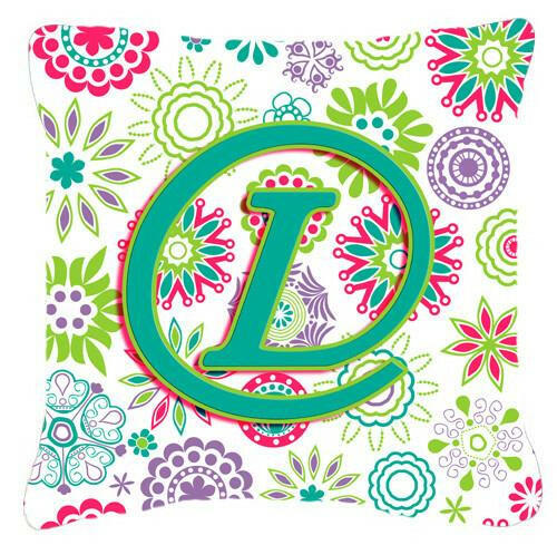 Letter L Flowers Pink Teal Green Initial Canvas Fabric Decorative Pillow CJ2011-LPW1414 by Caroline's Treasures